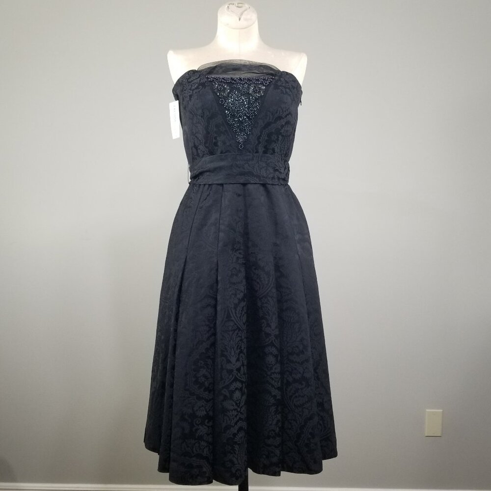 NOS Vintage Tibi Black Damask Fit & Flare Cocktail Dress Sz 6 Beaded Strapless